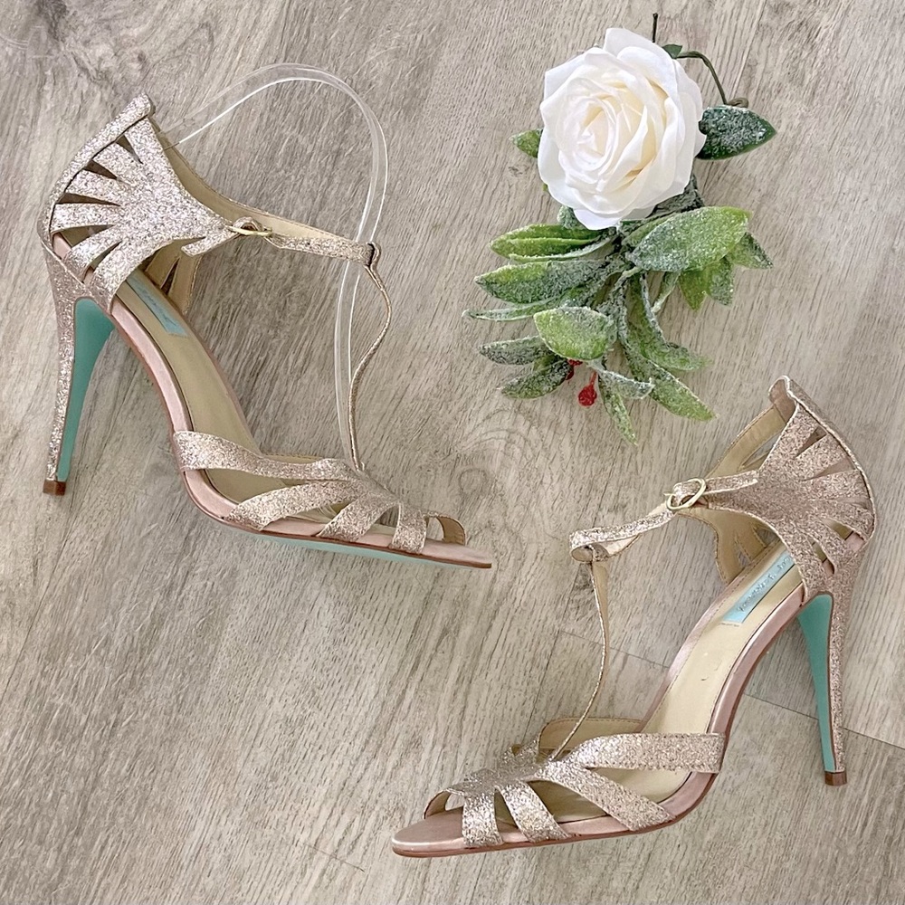 Betsey Johnson Champagne Gold Glitter Strappy Heels Women's Size 10 WORN ONCE